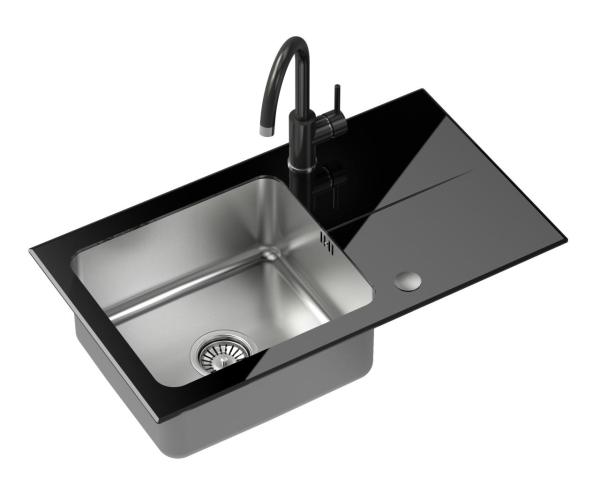 Quadri Glazz Set con Grifo de Cocina y Fregadero de Acero Inoxidable con Escurridor de Vidrio Negro - 77x44cm Reversible - 1208967734