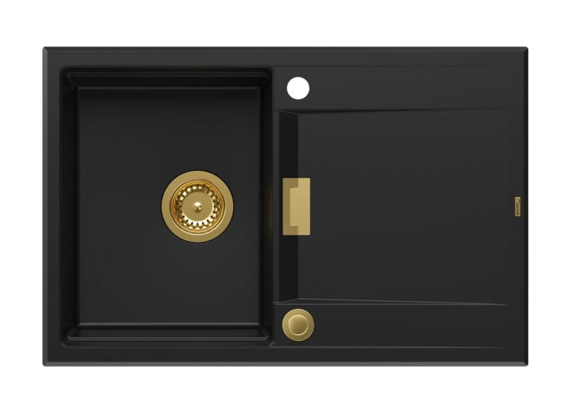 Quadri Minton Fregadero de Granito Negro de 76x50cm con Escurridor Reversible y Tapón Dorado 1208967739