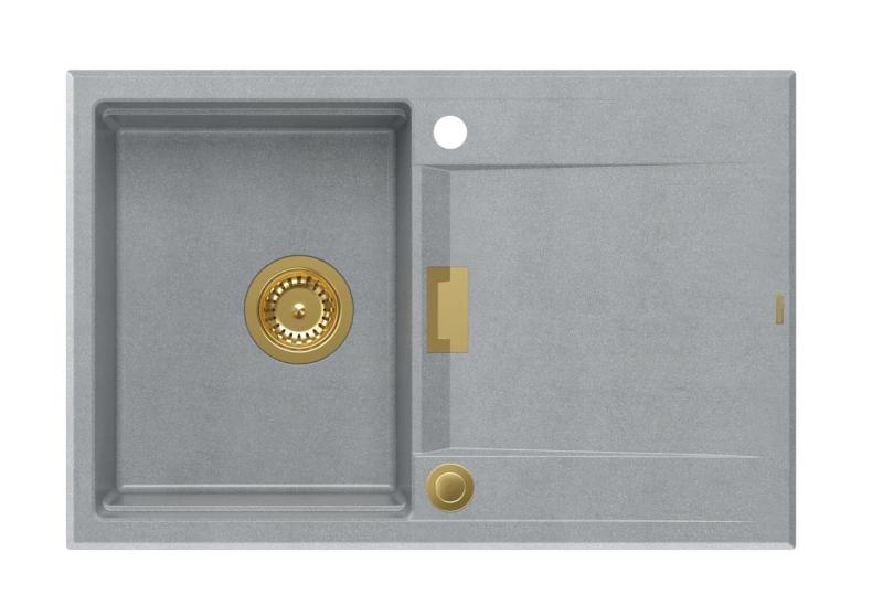 Quadri Minton Fregadero de Granito de Montaje en Superficie Gris 76x50cm con Escurridor Reversible y Tapón Dorado - 1208967742
