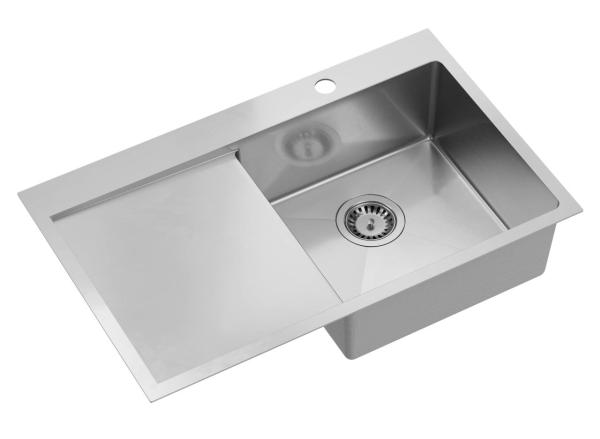 Aquadesign Clara Fregadero de Acero Inoxidable con Cuenco en el Lado Derecho 78x48cm Instalación en Superficie o Enrasada con Escurridor, Repisa para Grifo y Tapón de Acero Inoxidable - 12089