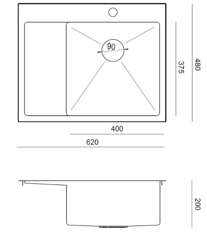Aquadesign Clara Fregadero de Acero Inoxidable con Cuenco en el Lado Derecho 62x48cm Sobre encimera o Empotrado con Escurridor, Banco para Grifo y Tapón de Acero Inoxidable - 1208967755