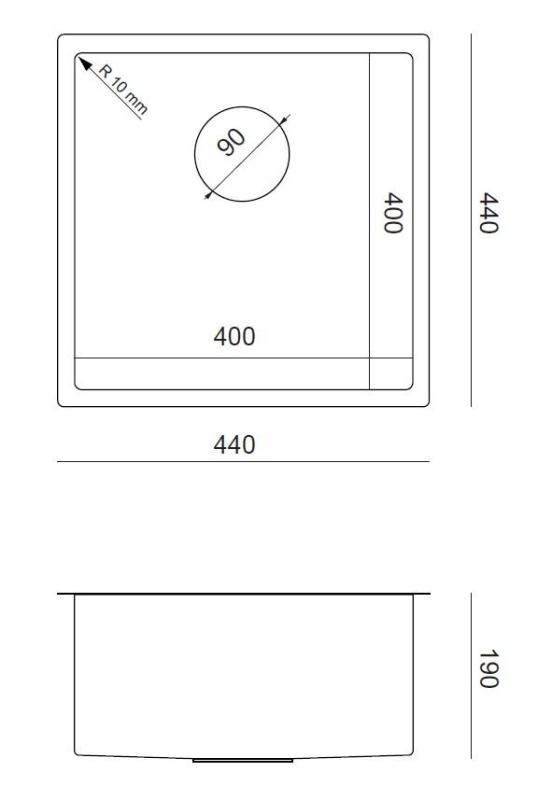 Fregadero de acero inoxidable Aquadesign Zara 44 x 44 cm, para encastrar, empotrar o montar sobre encimera, con tapón de acero inoxidable - 1208967760