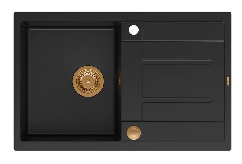 Quadri Sheffield Fregadero de Granito Negro Sobre Encimera 78x50cm con Escurridor y Tapón de Cobre - 1208967804