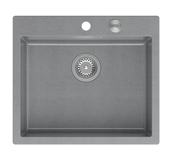 Quadri Sheffield Fregadero de Granito Gris para Montaje sobre Encimera o Empotrado de 57x50 cm con Plataforma para Grifo y Tapón de Acero Inoxidable - 1208967810