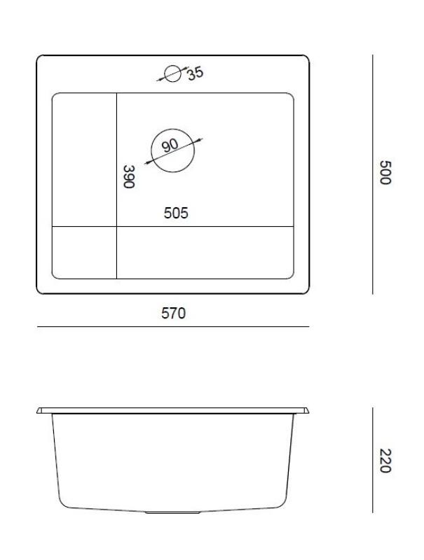 Quadri Sheffield Antracita Fregadero de Granito de Encimera o Integrado 57x50 cm con Reposagrifos y Tapón Dorado - 1208967813
