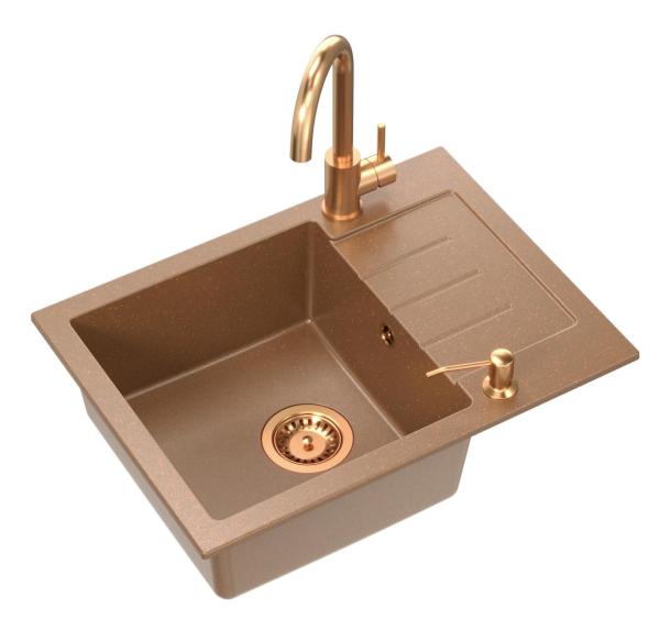 Quadri Kendal Set con Grifo de Cocina, Dispensador de Líquido y Fregadero de Granito Color Cobre 60x44 cm con Escurridor y Tapón de Cobre y Rebose - 1208967840