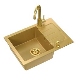 Quadri Kendal Set con Grifo de Cocina, Dispensador de Líquidos y Fregadero de Granito Dorado 60x44 cm con Escurridor y Tapón Dorado y Rebosadero- 1208967842