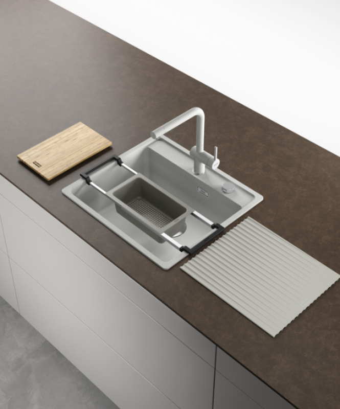 Franke Juego Universal de Accesorios Todo en Uno 3 - Tabla de Cortar, Bandeja de Plástico, Tapete de Escurrimiento y Puente Telescópico 112.0655.483