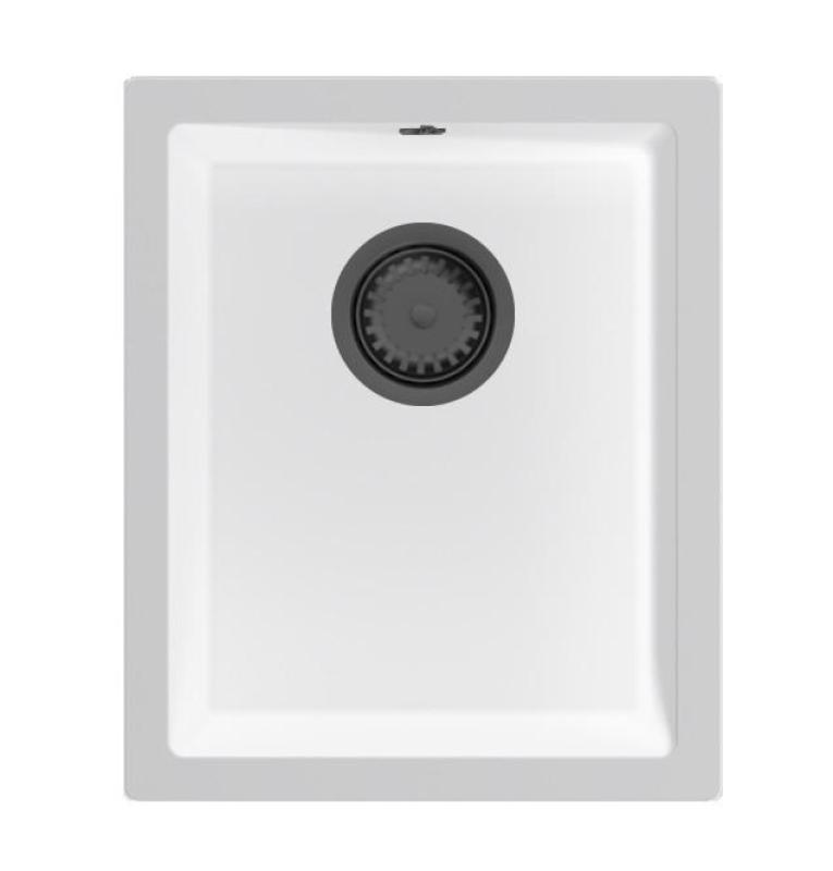 GraniteMy Universal Fregadero de granito blanco 34 x 40 cm, montaje sobre encimera, bajo encimera y empotrado, con tapón de metal gris 1208967904