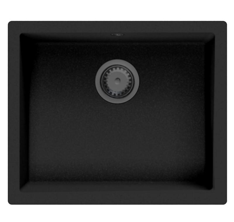 GraniteMy Universal Fregadero de Granito Negro 50x40 cm para instalación superior, inferior y enrasada con tapón color Gun metal (Gris plomo) - 1208967921