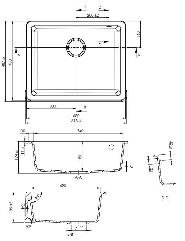 GraniteMy Tradition Fregadero de Cocina Rústico de Granito 60x48 cm Negro Instalación Bajo Encimera y Al Ras con Tapón Negro 1208967936 - Productafbeelding 3