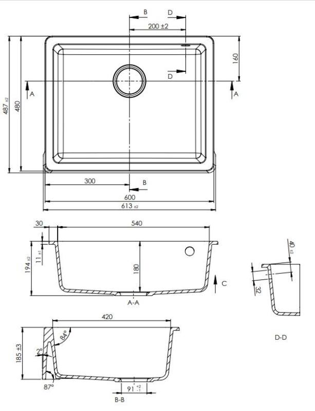 GraniteMy Tradition Fregadero de Cocina Rústico de Granito 60x48 cm Negro Instalación Bajo Encimera y Al Ras con Tapón Negro 1208967936