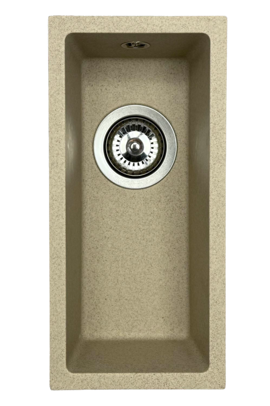 GraniteMy Universal fregadero de granito beige arena pequeño de 17x40 cm para montaje sobre encimera, bajo encimera y a ras de encimera con tapón de acero inoxidable 1208968002.