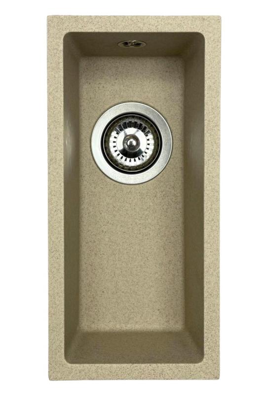 GraniteMy Universal fregadero de granito beige arena pequeño de 17x40 cm para montaje sobre encimera, bajo encimera y a ras de encimera con tapón de acero inoxidable 1208968002.