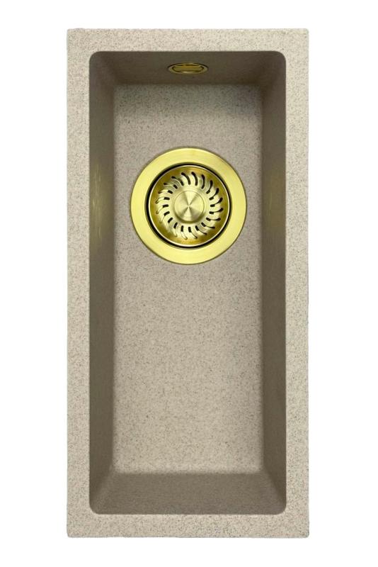 GraniteMy Universal fregadero pequeño de granito beige arena de 17x40 cm, instalación superior, inferior y a ras con tapa dorada 1208968003.