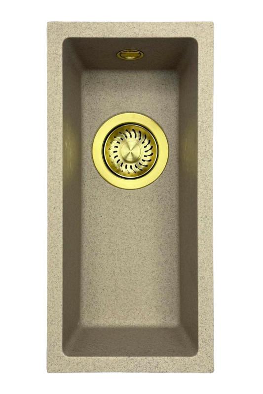 GraniteMy Universal fregadero pequeño de granito beige arena de 17x40 cm, instalación superior, inferior y a ras con tapa dorada 1208968003.