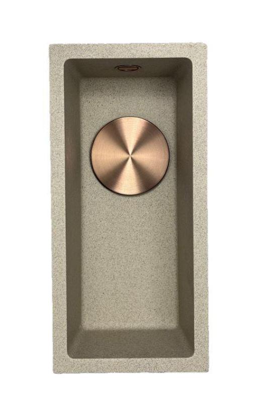 GraniteMy Universal granito beige arena fregadero pequeño 17x40 cm sobre encimera, bajo encimera y empotrado con tapón de cobre 1208968004