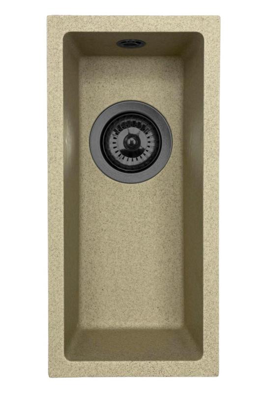 GraniteMy Universal fregadero pequeño de granito beige arena de 17x40 cm para instalación sobre encimera, bajo encimera y a ras de encimera con tapón de metal de arma 1208968006