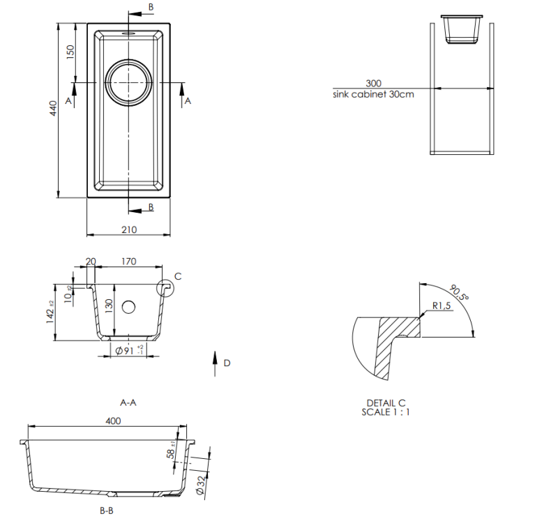 GraniteMy Universal fregadero pequeño de granito beige arena de 17x40 cm para instalación sobre encimera, bajo encimera y a ras de encimera con tapón de metal de arma 1208968006