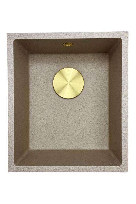 GraniteMy Universal fregadero de granito beige arena 34x40 cm instalación superior, inferior y a nivel con desagüe dorado 1208968008