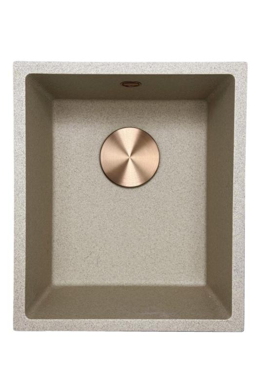 GraniteMy Fregadero universal de granito beige arena 34x40 cm para instalación sobre encimera, bajo encimera y al ras con tapón de cobre 1208968009