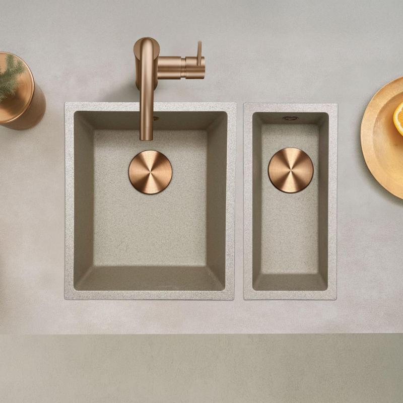 GraniteMy Fregadero universal de granito beige arena 34x40 cm para instalación sobre encimera, bajo encimera y al ras con tapón de cobre 1208968009