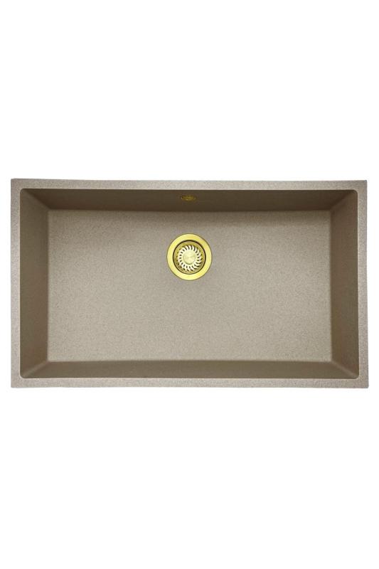 GraniteMy Fregadero universal de granito beige arena 74x40 cm para montaje superior, bajo encimera y a ras de la encimera con tapón dorado 1208968018