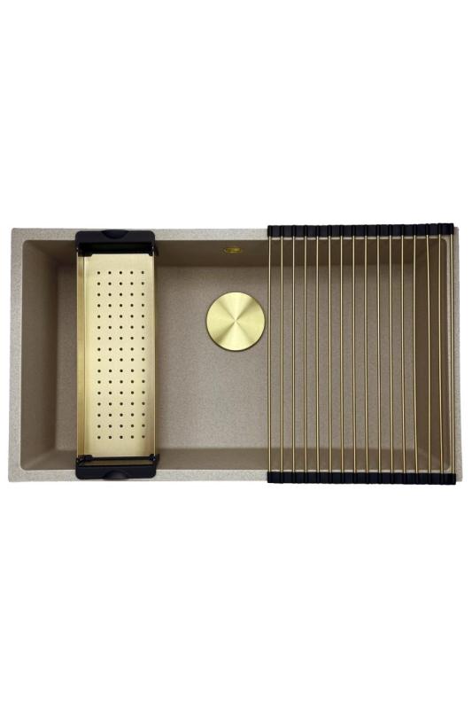 GraniteMy Fregadero universal de granito beige arena 74x40 cm para montaje superior, bajo encimera y a ras de la encimera con tapón dorado 1208968018
