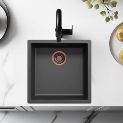 Fregadero negro de 40x40cm para instalación bajo encimera, sobre encimera y a ras con tapón de cobre 1208968033