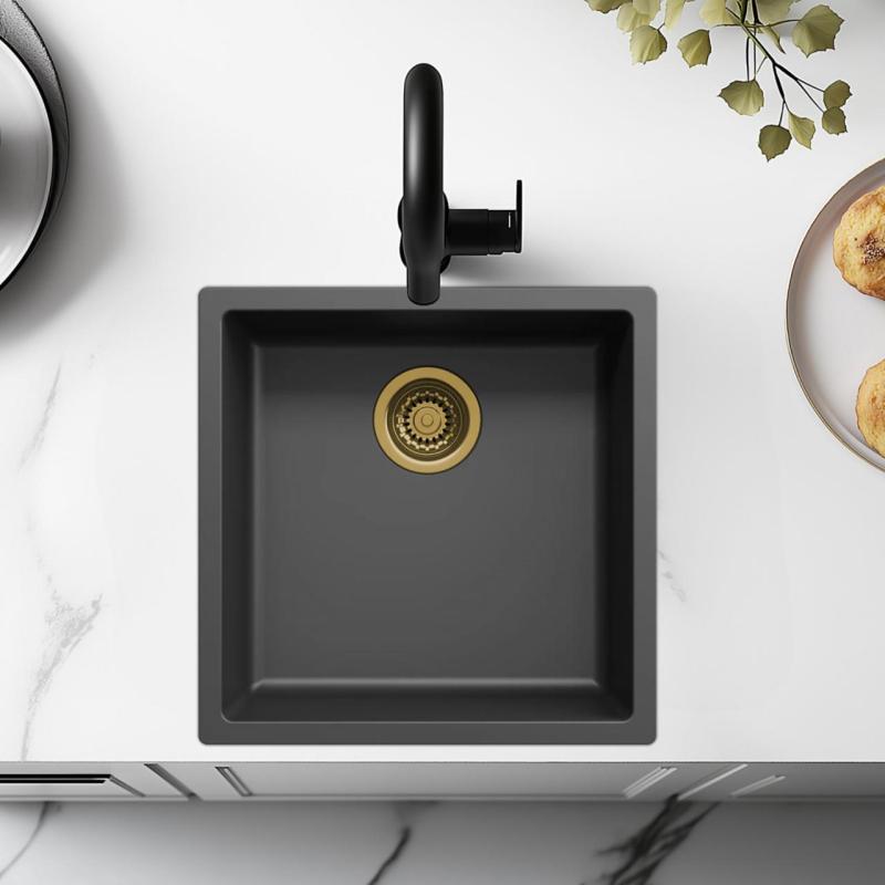 Fregadero negro de 40x40cm para instalación bajo encimera, sobre encimera y a ras con tapón dorado 1208968034