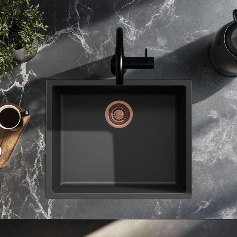 Fregadero negro 50x40cm para instalación inferior, superior y a ras con tapón de cobre 1208968036.