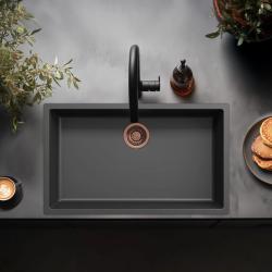 Fregadero grande negro de 70x40 cm para instalación bajo encimera, sobre encimera y a ras de encimera con tapón de cobre 1208968039