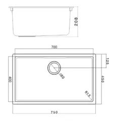 Fregadero grande negro de 70x40 cm para instalación bajo encimera, sobre encimera y a ras de encimera con tapón de cobre 1208968039