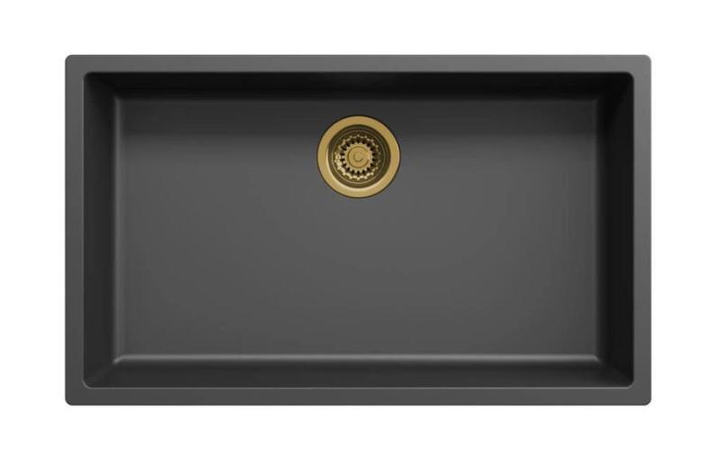 Fregadero grande negro 70 x 40 cm, montaje bajo encimera y montaje plano con tapón dorado 1208968040
