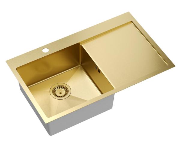 Aquadesign Clara Fregadero Dorado 78x48cm de Sobremontaje o Integrado con Escurridor, Plataforma para Grifo y Tapón Dorado - 1208969499