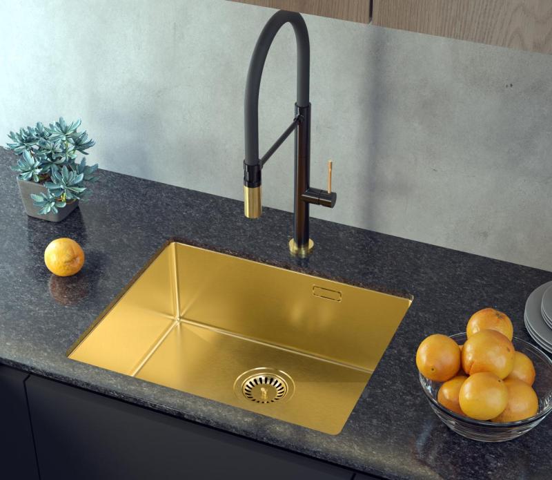 Aquadesign Zara Fregadero Dorado 54x44cm Bajo Encimera, Encimera Plana y Superficie con Tapón Dorado - 1208969512