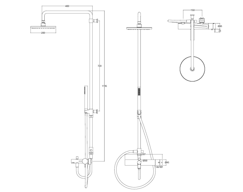Revolución del Agua Flow mezclador de ducha termostático de tres vías con cabezal de ducha de 250 mm y ducha de mano redonda de cobre T131TNR25CPE