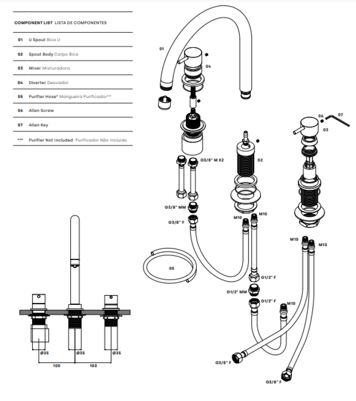 Waterevolution Flow grifo de cocina de 3 orificios con caño giratorio y conexión para agua filtrada cromo T152U01