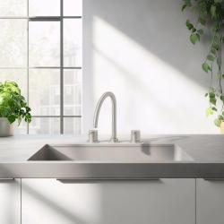 Revolución del Agua Grifo de Cocina de 3 Agujeros Flow con Caño Giratorio y Conexión para Agua Filtrada Acero Inoxidable T152UIE