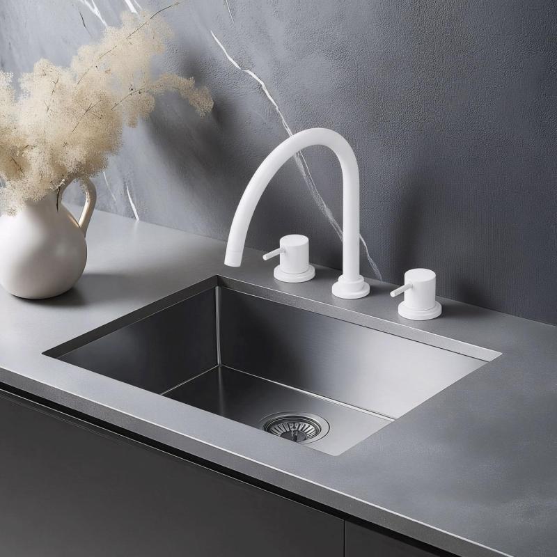 Waterevolution Flow grifo de cocina de 3 orificios con caño giratorio y conexión para agua filtrada blanco T152UBR