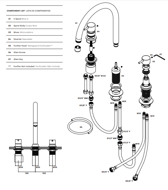 Waterevolution Flow grifo de cocina de 3 agujeros con caño giratorio y conexión para agua filtrada de latón T152ULE