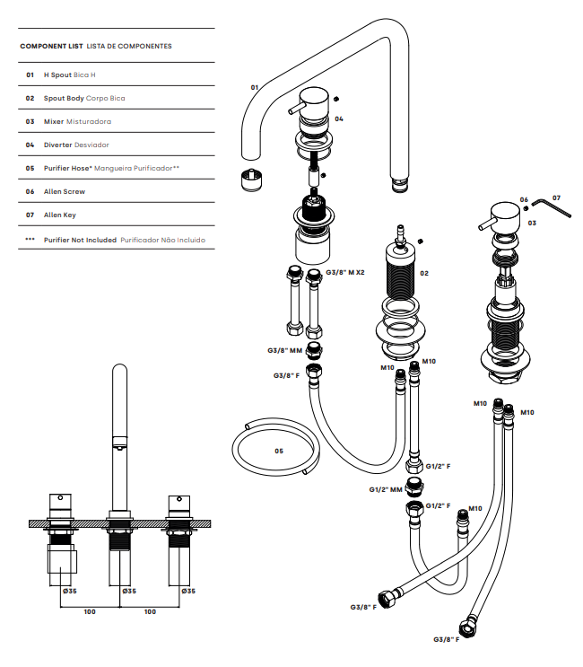 Waterevolution Flow grifo de cocina en ángulo de 3 orificios con caño giratorio y conexión para agua filtrada cromo T152H01