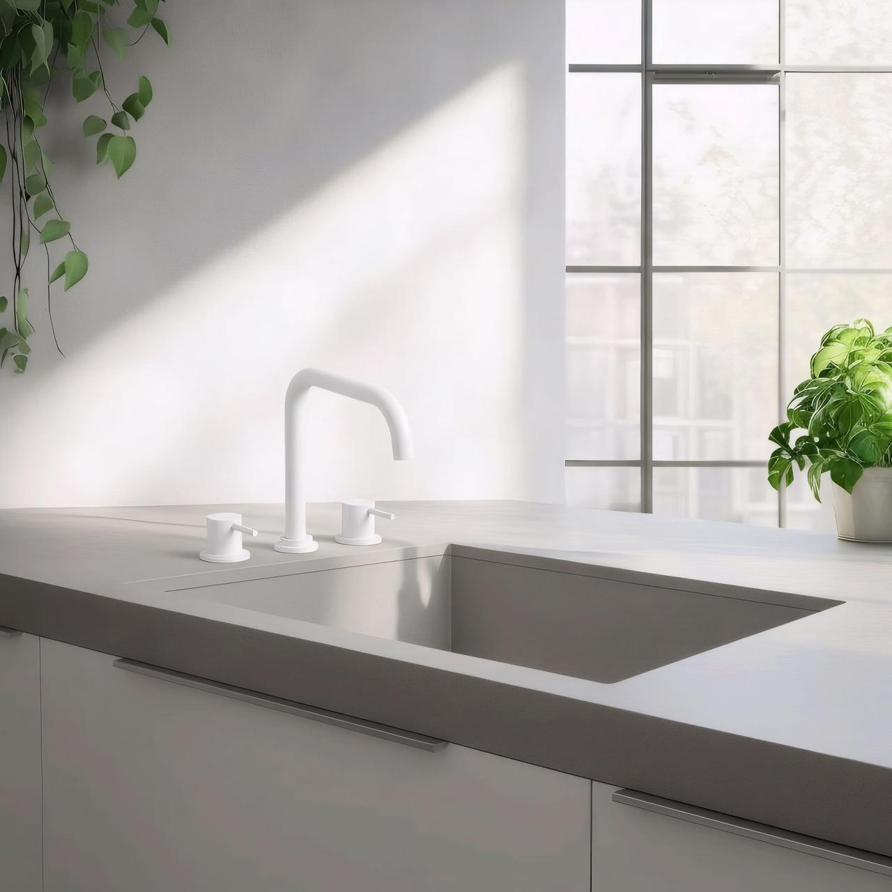 Waterevolution Flow grifo de cocina de 3 agujeros en ángulo con caño giratorio y conexión para agua filtrada blanco T152HBR - Productafbeelding 2