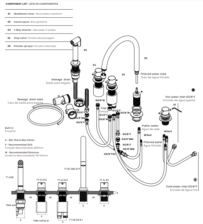 Waterevolution Flow grifo de cocina de 5 orificios con rociador extraíble y conexión para agua filtrada cromo T154U01