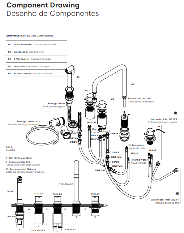 Revolución del Agua Flow grifo de cocina angular de 5 orificios con rociador extraíble y conexión para agua filtrada cromo T154H01