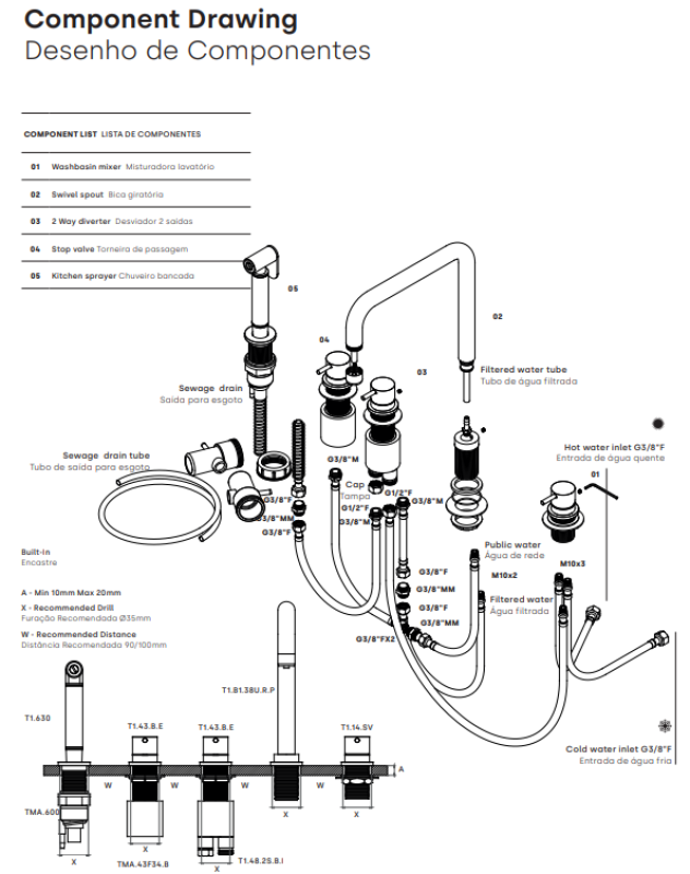 Waterevolution Flow Grifo de cocina angular de 5 agujeros con rociador extraíble y conexión para agua filtrada, acero inoxidable T154HIE.