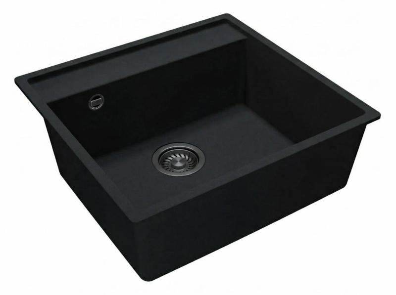 GraniteMy Bremen Fregadero de granito 53x50 cm Negro - Superficie, Subestructura e Integrado con Agujero para la Grifería y Tapón de Metal de Arma 1208969971