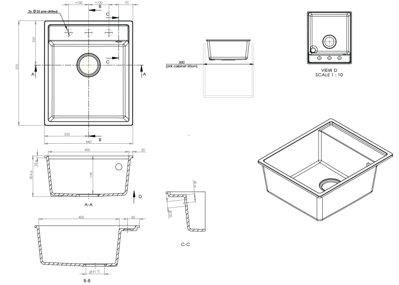 GraniteMy Bremen Fregadero de Granito 44x52 cm Negro - Montaje Superior, Integrado y Al Ras con Banco para Grifo y Tapón de Acero Inoxidable 1208969991