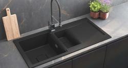 GraniteMy Zafiri Fregadero Sobre Encimera de Granito Negro 1,5 Senos 100x50 cm con Escurridor, Reversible, con Tapa de Desagüe Cuadrada Negra 1208969998