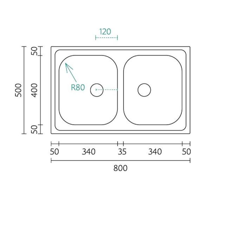 Fregadero doble de superficie Banka Centurio 20 de acero inoxidable 80x50cm 1208970026